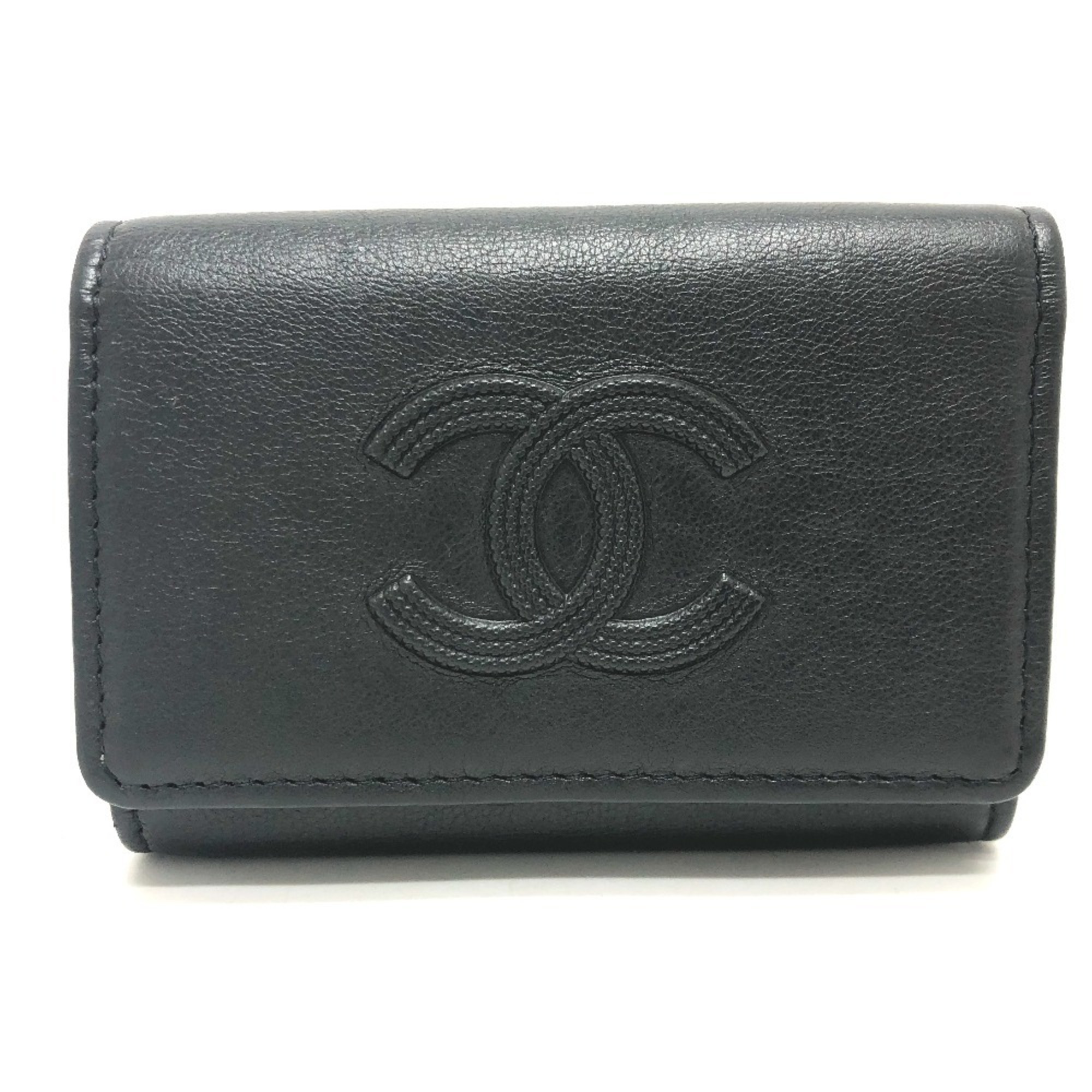 Chanel Coco Mark 4Ring Key Case Leather Womens Black